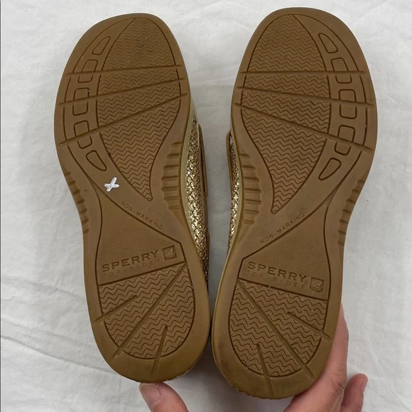 Sperry Angelfish Topsiders Glittery Gold and Tan Boat Loafers. 6.5M. - Picture 11 of 11